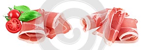 Italian prosciutto crudo or spanish jamon. Raw ham isolated on white background with full depth of field. photo