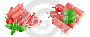 Italian prosciutto crudo or spanish jamon. Raw ham isolated on white background with full depth of field. Top view. Flat photo