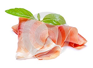 Italian prosciutto crudo or spanish jamon. Raw ham on white background.