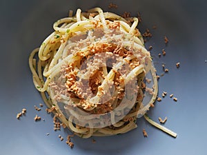 Italian recipe, especially Sicilian. Spaghetti with grated tuna bottarga