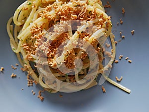 Italian recipe, especially Sicilian. Spaghetti with grated tuna bottarga