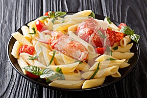 Italian recipe of penne pasta with boiled lobster meat, tomatoes