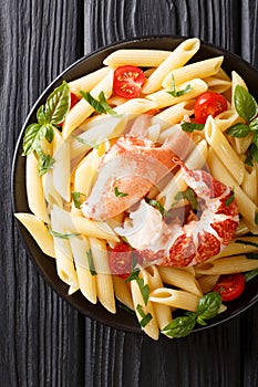 Italian recipe of penne pasta with boiled lobster meat, tomatoes