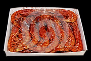 Italian red prawns or shrimps known as gambero rosso arranged in a packet photo