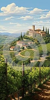 Italian Renaissance Revival: Detailed Landscape Painting Of Vineyards