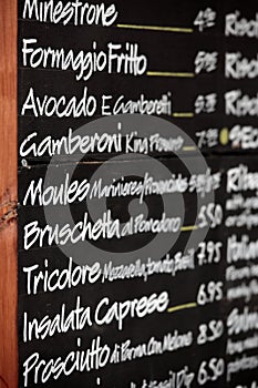 Italian restaurant chalk menu board, blackboard, vertical