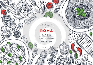 Italian restaurant menu top view illustration. Spagetti and ravioli table background. Engraved style illustration. Hero image.