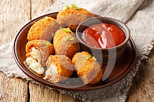 Italian Rice balls stuffed with mozzarella cheese and deep fried closeup on the plate. Horizontal photo