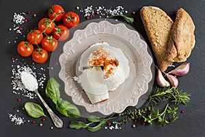 Italian ricotta cheese, homemade bread, vegetables and herbs