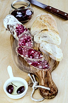 Italian salami with olives and chiabatta
