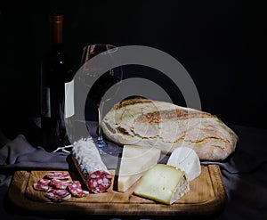 Italian salumi, cheese, bread and wine still life