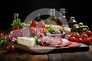 Italian salumi meat platter - prosciutto ham, bresaola, pancetta, salami and parmesan photo