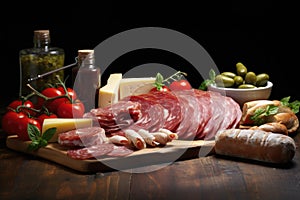 Italian salumi meat platter - prosciutto ham, bresaola, pancetta, salami and parmesan photo