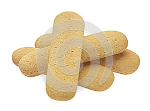 Italian savoiardi biscuits, ladyfinger cookies isolated on white background, full depth of field