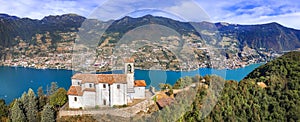 Italian scenic lakes, Lago Iseo and island Monte Isola, aerial view