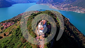 Italian scenic lakes, Lago Iseo and island Monte Isola, aerial view