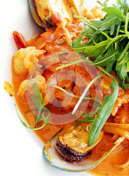 Italian seafood pasta dish, tomato sauce