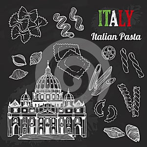 Italian set, hand drawn collection of architecture, food