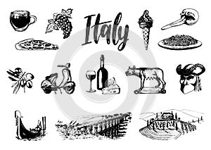 Italian set of sketches. Hand drawn illustrations of Italy travel symbols. Vector touristic signs of vacations.