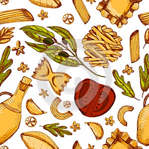 Italian Sketch food Seamless pattern with different Pasta for reastaurant menu. Delicious hand drawn wallpaper on white