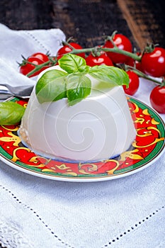 Italian soft cheese, young white ricotta cheese served with fresh basil and tasty ripe cherry tomatoes