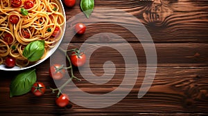 Italian spaghetti with basil garnish and herbs on wooden board background, Plate of delicious Italian pasta on wood table counter