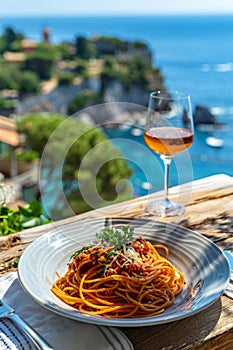 Italian spaghetti Bolognese featuring mincemeat and tomato sauce and Parmesan cheese, with a glass of wine, set against a