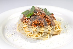 Italian spaghetti pasta with beef and tomato sauce bolognese