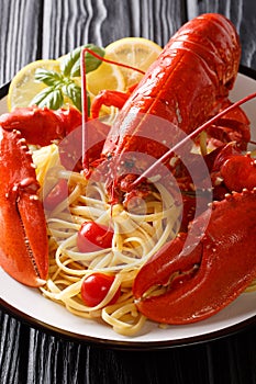 Italian spaghetti pasta with seafood lobster meat, tomatoes and