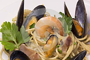 Italian Spaghetti pasta whith mussels, vongole, shrimp and sea f