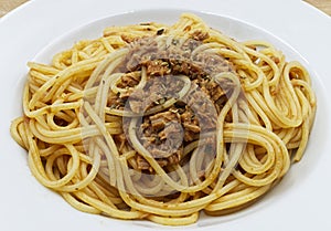 Italian spaghetti with tuna on white dish