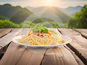 italian spaghetti on wooden table. fresh basil, tomato and cheese on the green field. italian food