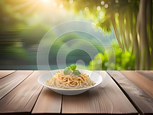 italian spaghetti on wooden table. fresh basil, tomato and cheese on the green field. italian food