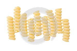 Italian spiral shaped pasta, Fusilli bucati macaroni, isolated on white background. Top view. Flat lay.