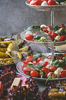 Italian starter buffet with tomatoes and mozzarella, grilled pepperoni and sausage specialties