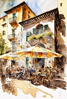 Italian street cafe on a sunny day, digital watercolor painting