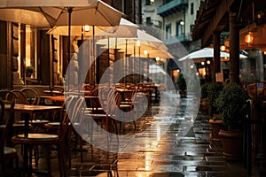 Italian Street Scene - Outdoor Cafe on Rainy Day