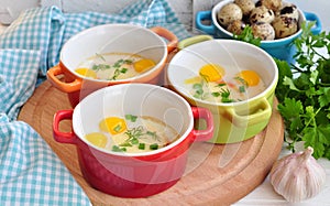 Italian style, Eggs baked with mozzarella and green onion,