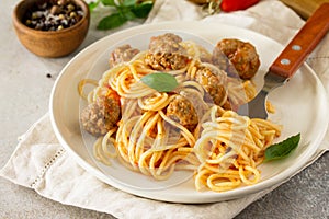 Italian style pasta dinner. Spaghetti with Meatballs with Tomato Sauce