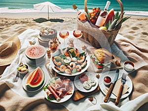 Italian summer beach picnic scene, capturing the essence of a relaxed and sunny day by the sea, with a variety of light
