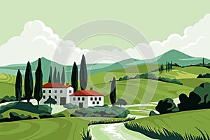 Italian summer fields landscape. Cartoon countryside panorama with Tuscany hills and village houses, rural valley with