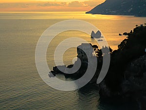 Italian sunset, amalfi coast, sea, rocks