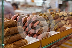 Italian Sweet Dessert, Traditional Sicilian Cannoli with Pink Cream Flavored with Orange