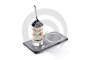 Italian Tiramisu Dessert in High Glass with Blueberries Isolated