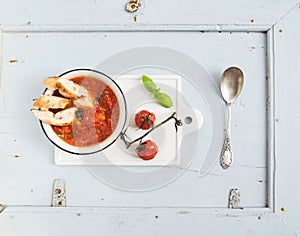 Italian tomato, garlic and basil soup Pappa al Pomodoro in metal bowl with bread white ceramic serving board over light