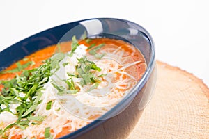 Italian tomato soup served with cream, mozzarella cheese and fresh parsley