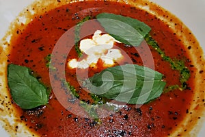 Italian tomato soup with Stracciatella cheese in a white plate decorated with basil leaves