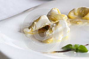 Italian tortellini covered with parmesan cream photo