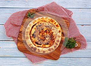 Italian Traditional Bak Kwa Pizza on wood table top view
