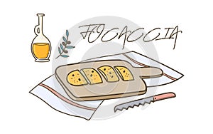 Italian traditional bread Focaccia and olive oil doodle vector illustration. Banner, poster, website landing page concept